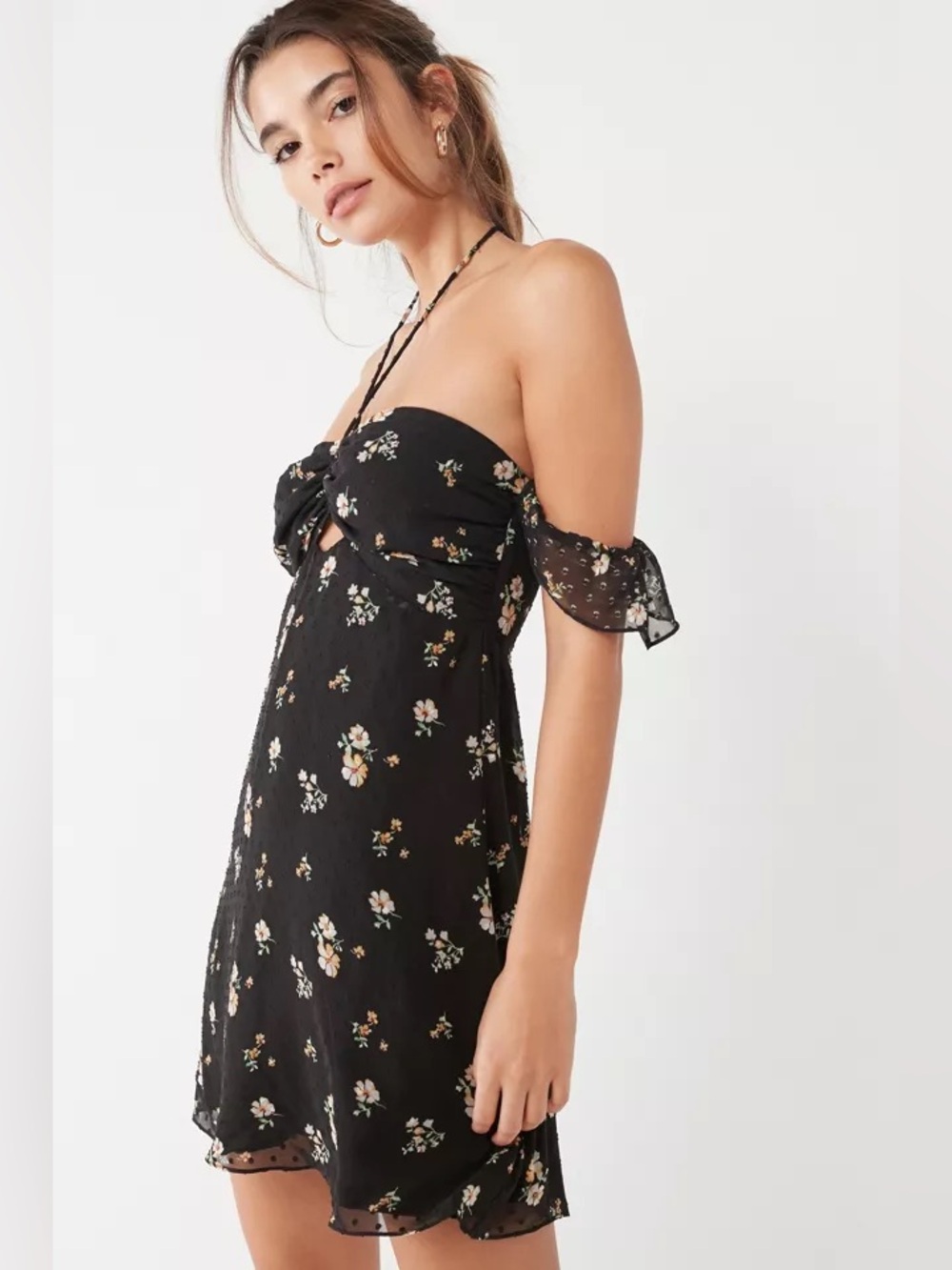 UO Swiss Dot Floral Halter Dress